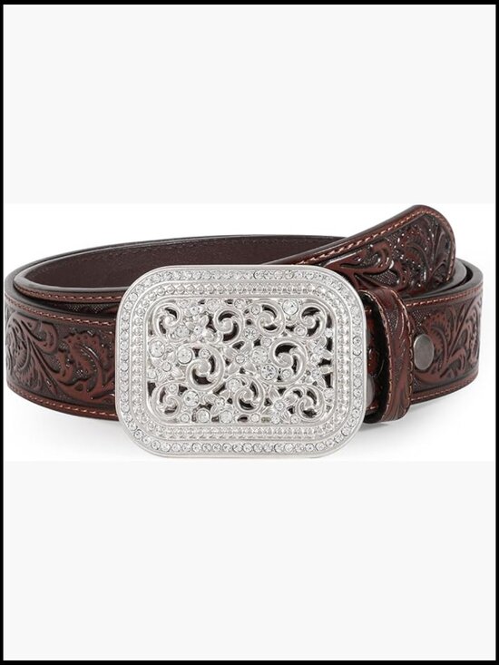 Western Genuine Leather Belt Tooled Floral Embossed Scrollwork Rhinestone Buckle main image 7